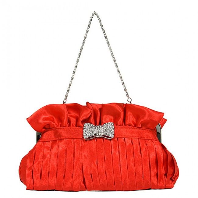 Evening Bag - Pleated Satin w/ Rhinestone Bow - Red -BG-92288R